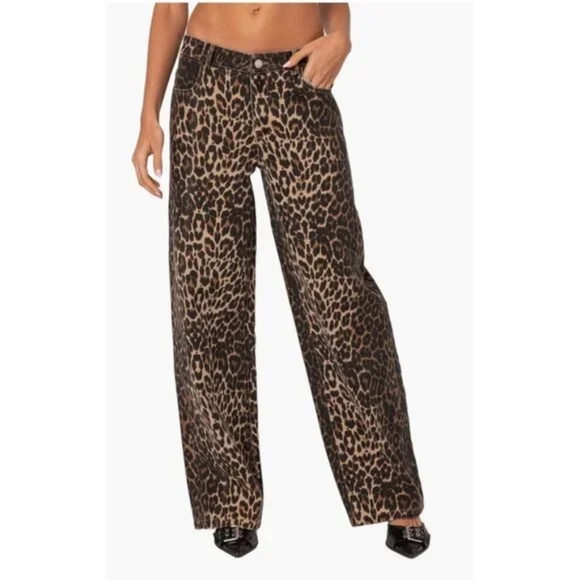 Edikted Animal Print Jeans Cheetah Leopard Print Wide Leg Baggy Jeans Medium - Picture 3 of 9